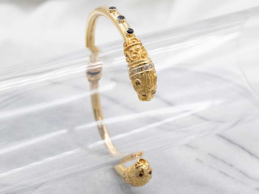 Bold Lion Gemstone Encrusted Gold Cuff Bracelet - image 5