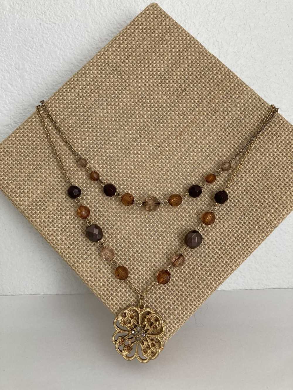 Double Layer Necklace Brown Beads Gold Tone Penda… - image 1