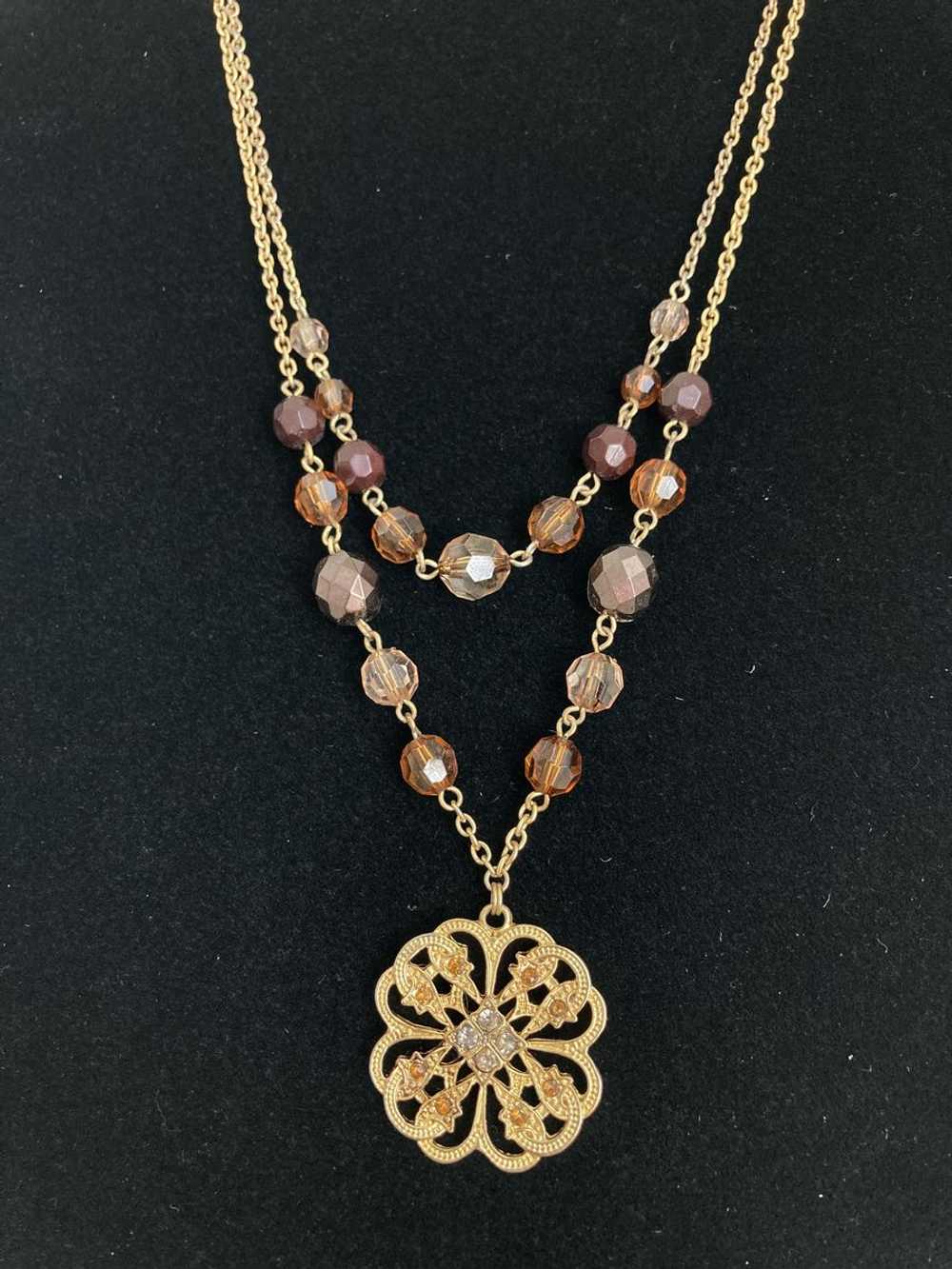 Double Layer Necklace Brown Beads Gold Tone Penda… - image 2