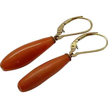 Vintage Red Coral Dangle Earrings 14K Gold - image 1