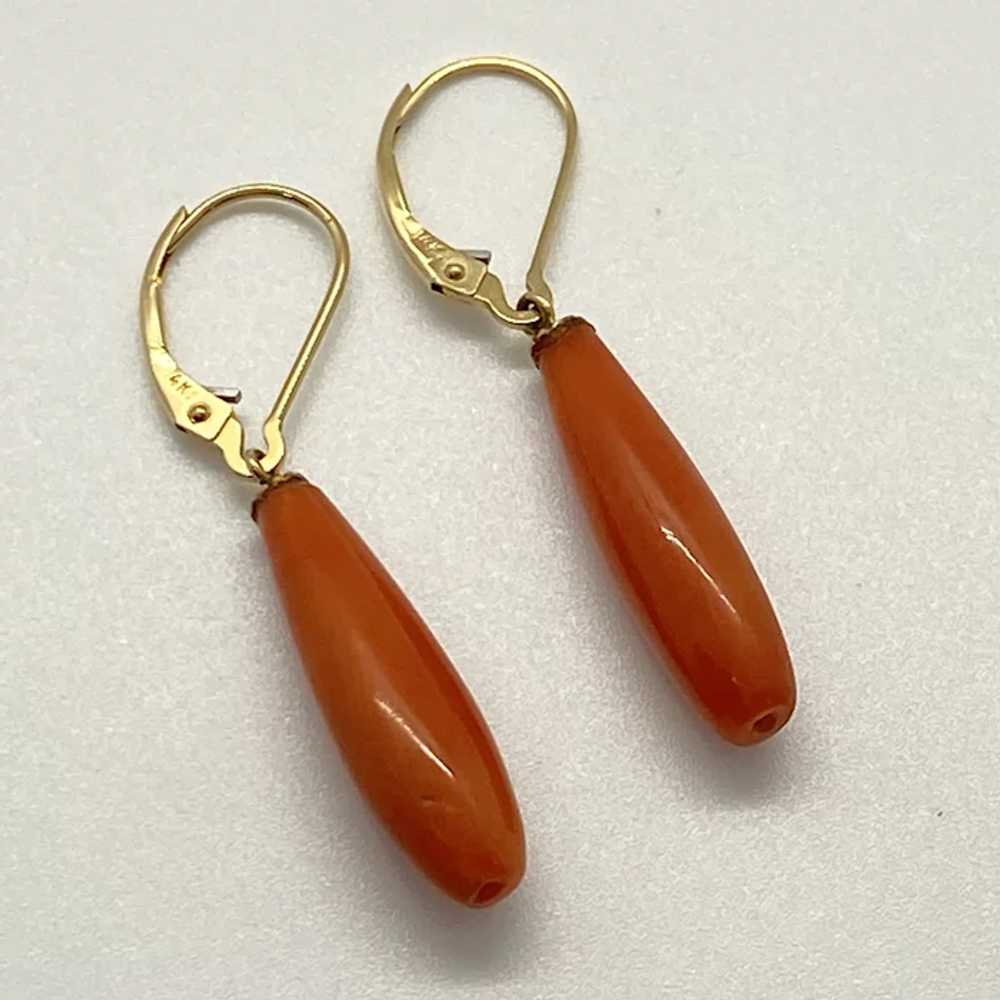 Vintage Red Coral Dangle Earrings 14K Gold - image 2