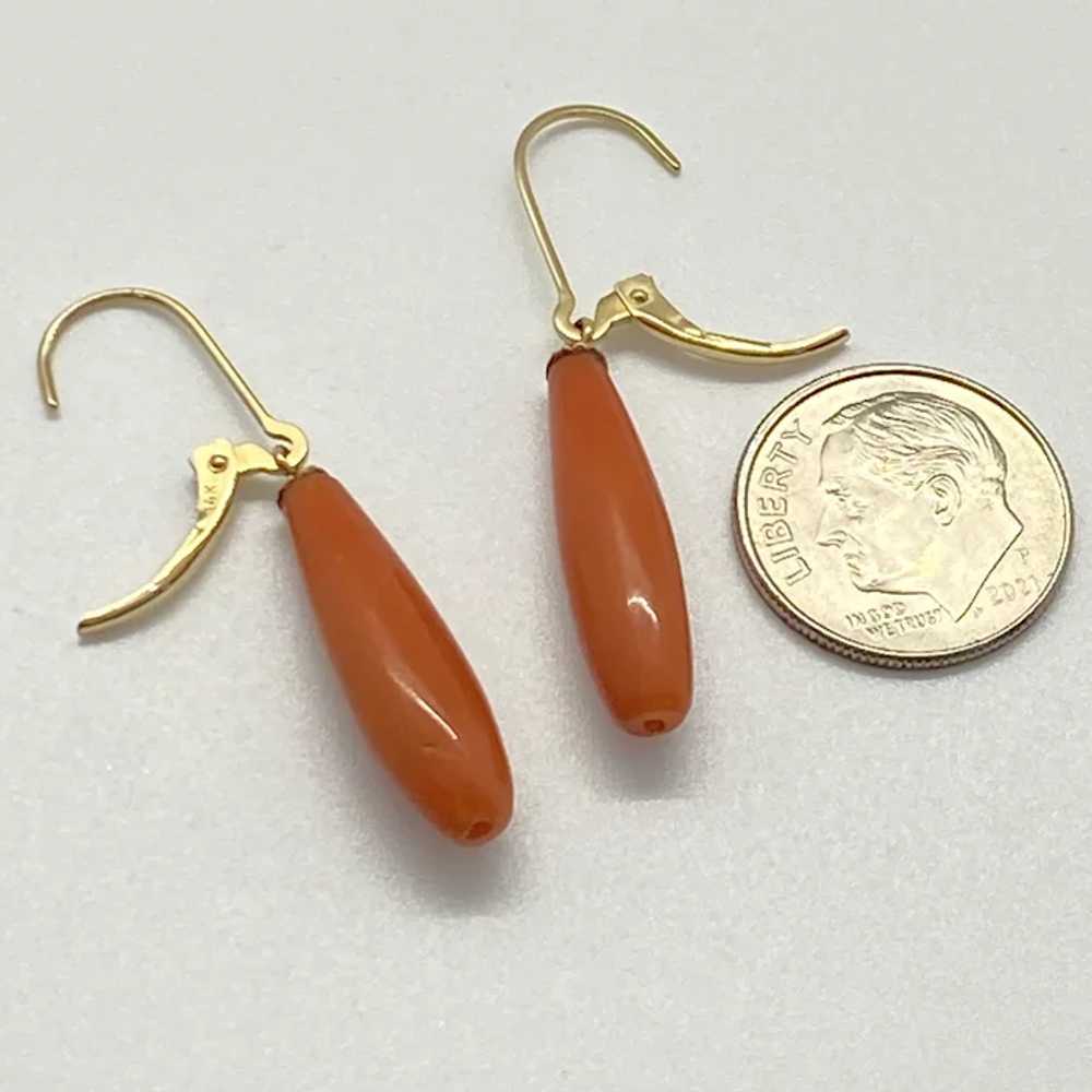 Vintage Red Coral Dangle Earrings 14K Gold - image 3