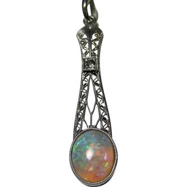 Antique Art Deco Opal & Diamond Pendant Platinum … - image 1