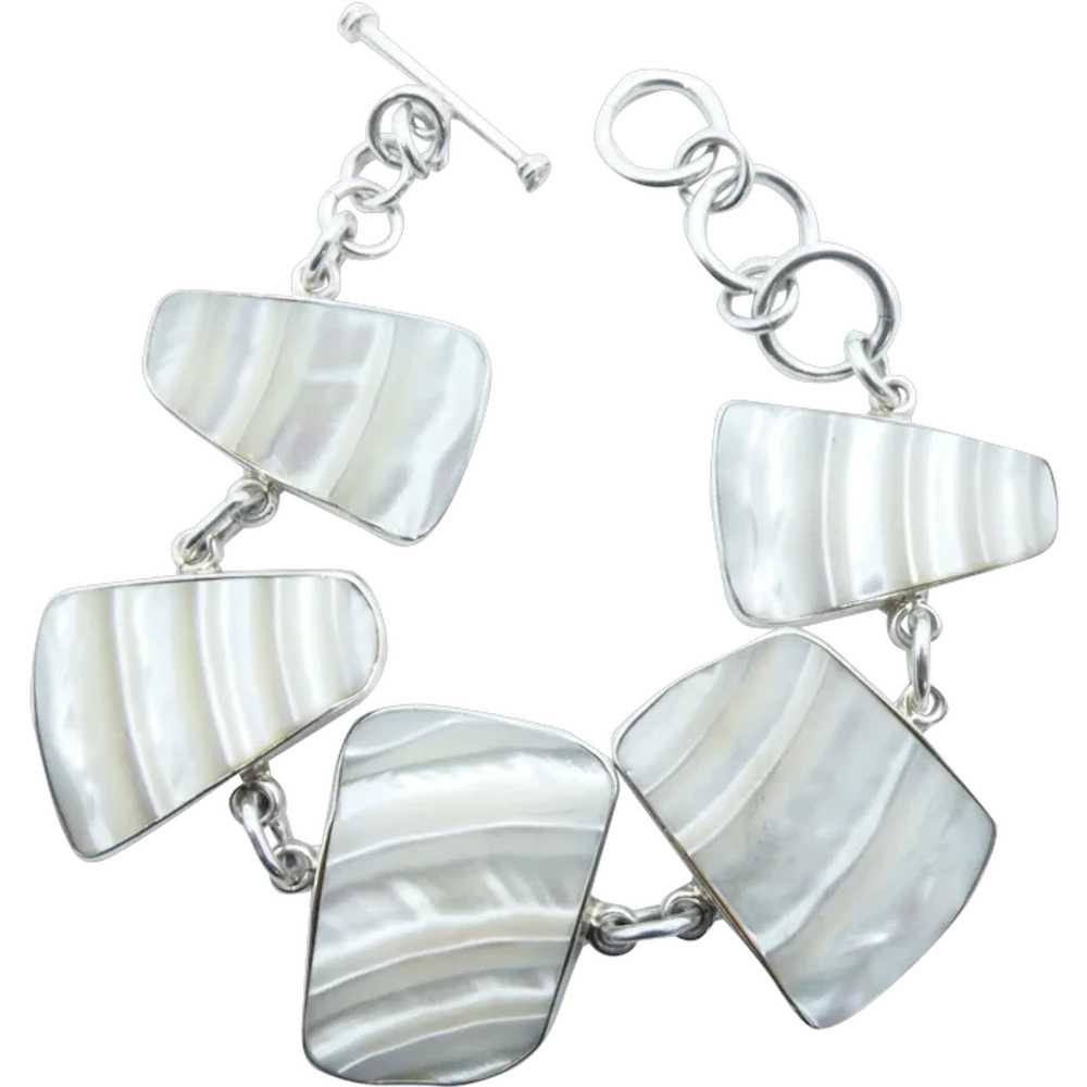 LARGE Sterling Silver Mother of Pearl Link Bracel… - image 1