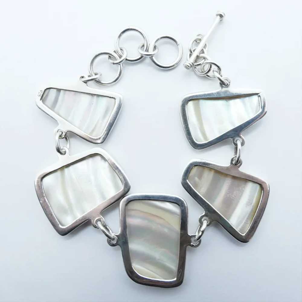 LARGE Sterling Silver Mother of Pearl Link Bracel… - image 2