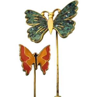 Vintage Cloisonne Pair of Butterfly Stick Pins - image 1