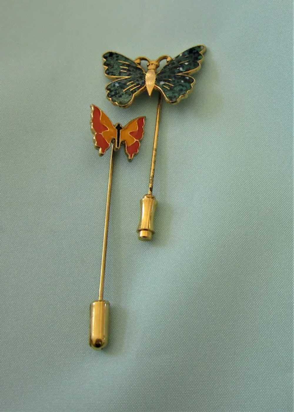 Vintage Cloisonne Pair of Butterfly Stick Pins - image 2