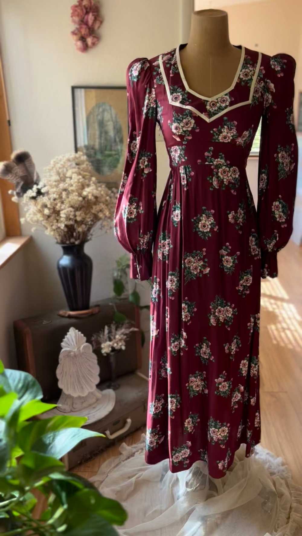 Authentic 1970's vintage burgundy rayon dress by … - image 1