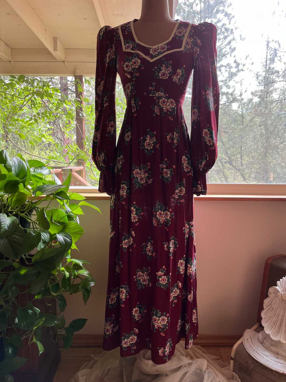 Authentic 1970's vintage burgundy rayon dress by … - image 2