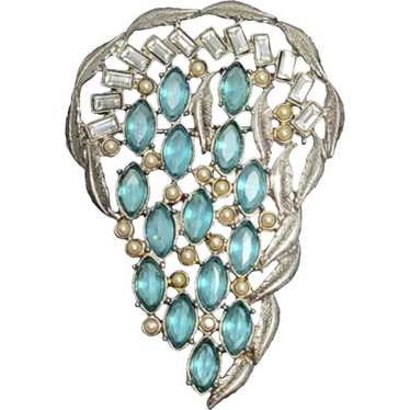 1928 Jewelry Silvertone Aqua Blue Rhinestone Laur… - image 1