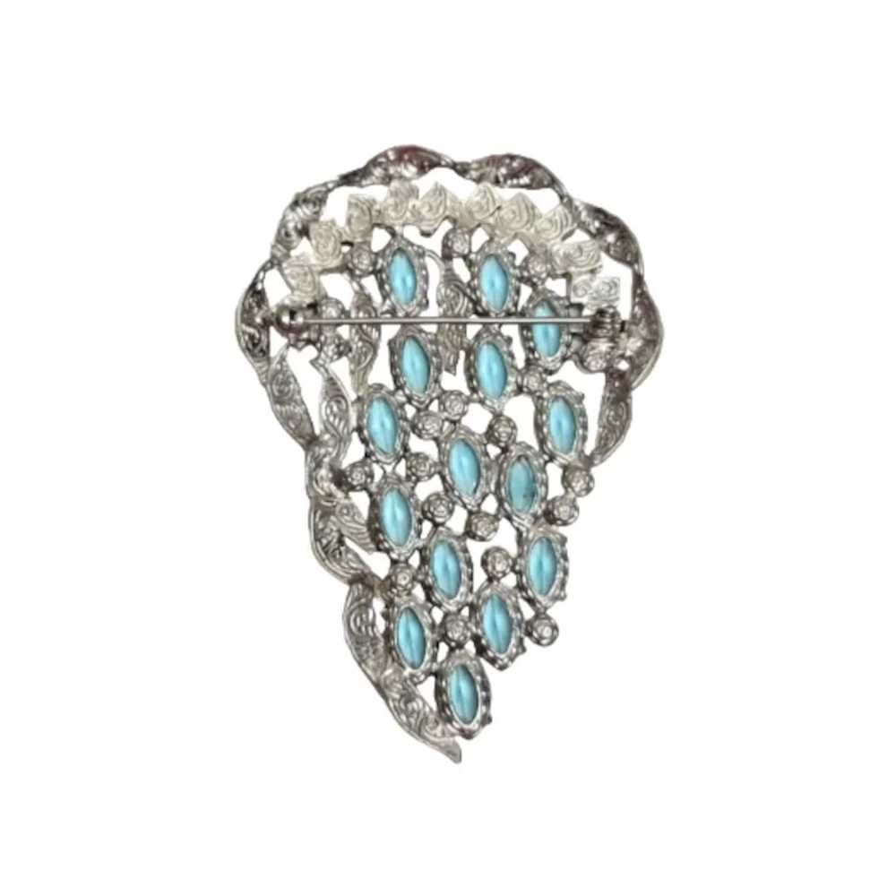 1928 Jewelry Silvertone Aqua Blue Rhinestone Laur… - image 5