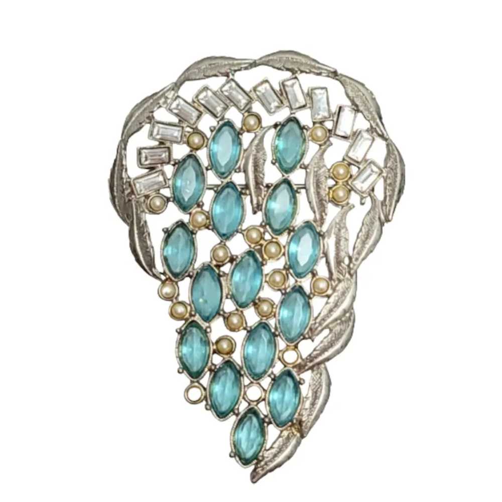 1928 Jewelry Silvertone Aqua Blue Rhinestone Laur… - image 7