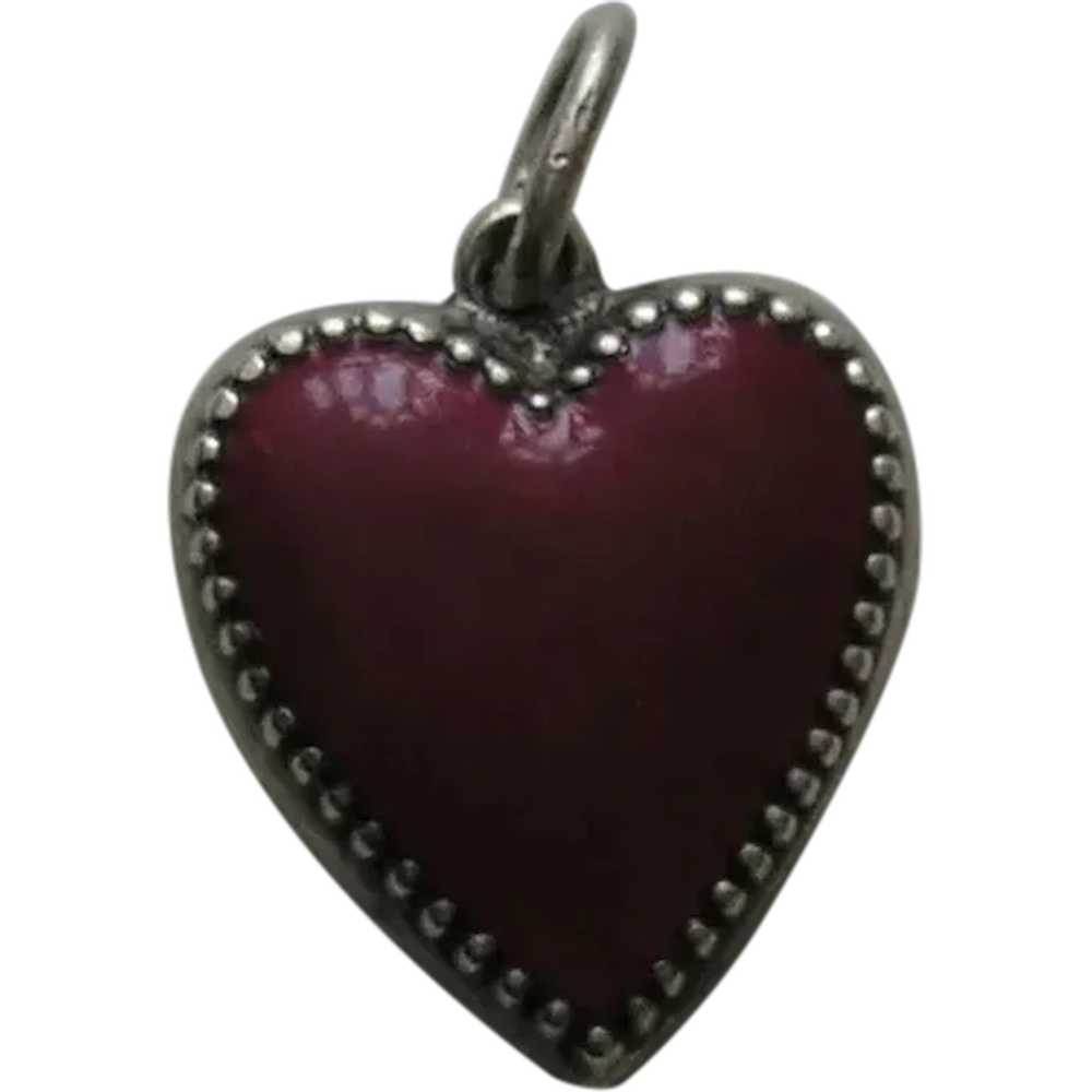 Antique Red Enameled Beaded Border Sterling Heart… - image 1