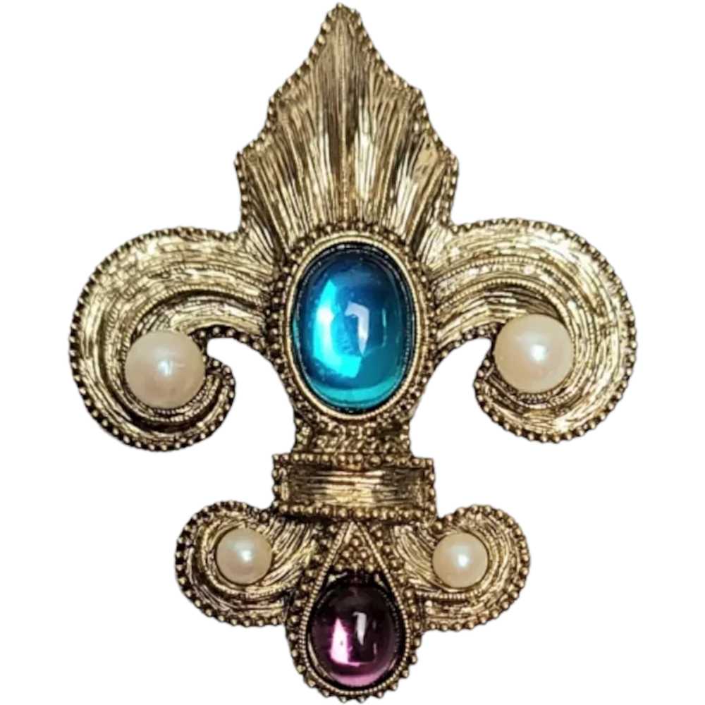 1928 Jewelry Fleur De Lis Faux Pearl Blue & Purpl… - image 1