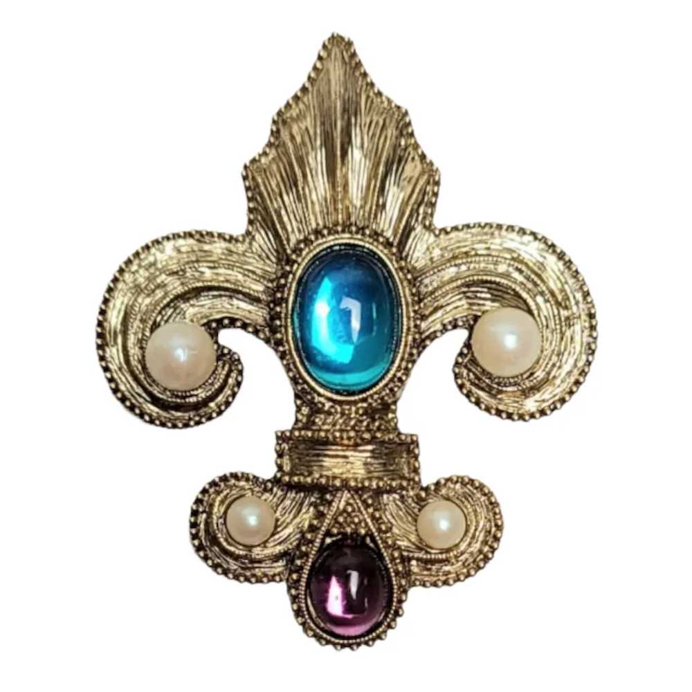 1928 Jewelry Fleur De Lis Faux Pearl Blue & Purpl… - image 3