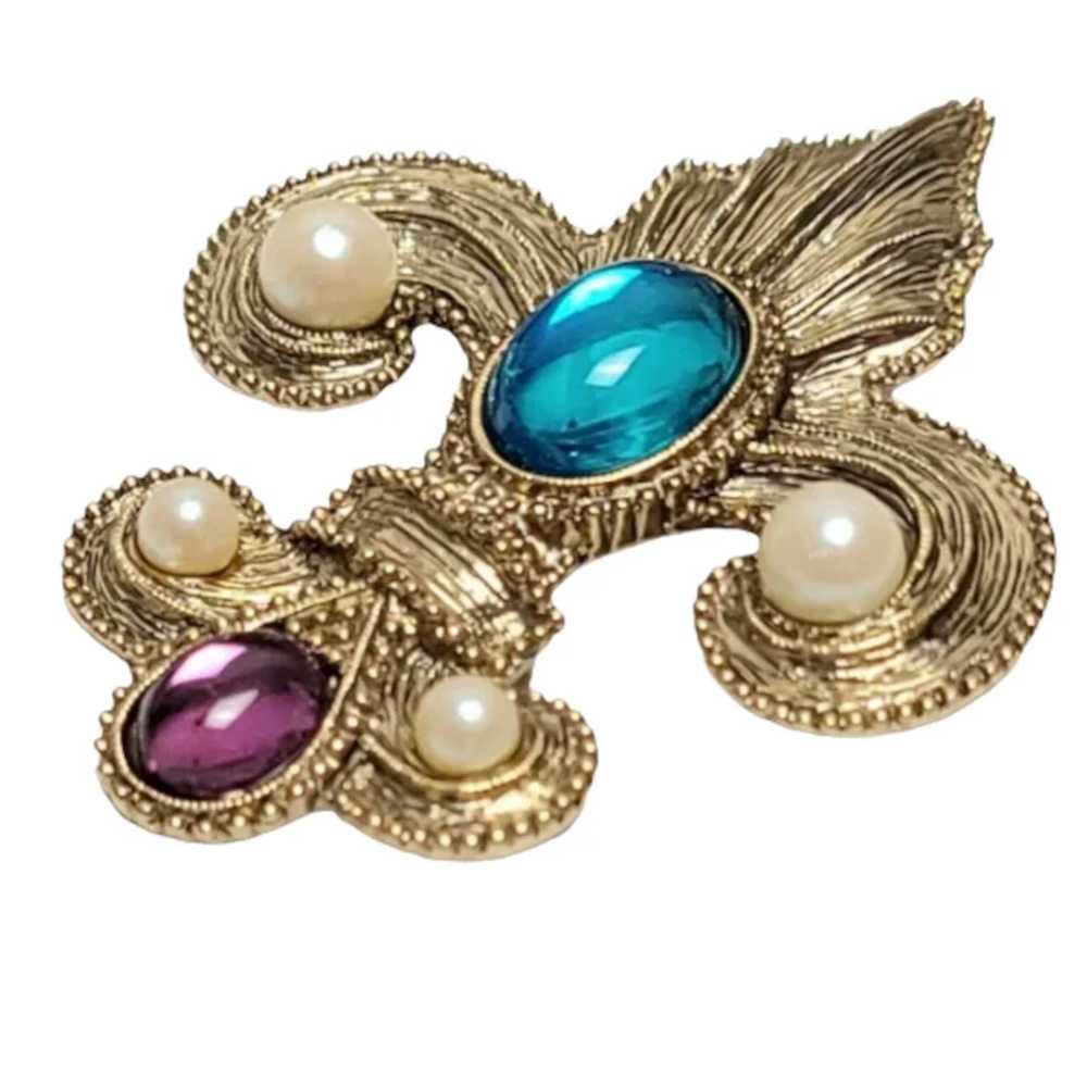 1928 Jewelry Fleur De Lis Faux Pearl Blue & Purpl… - image 5