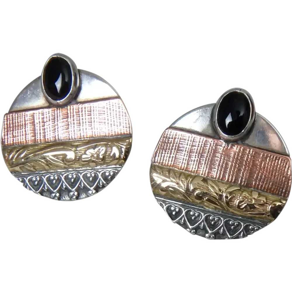 Artisan Sterling Silver Pierced Earrings with Gol… - image 1
