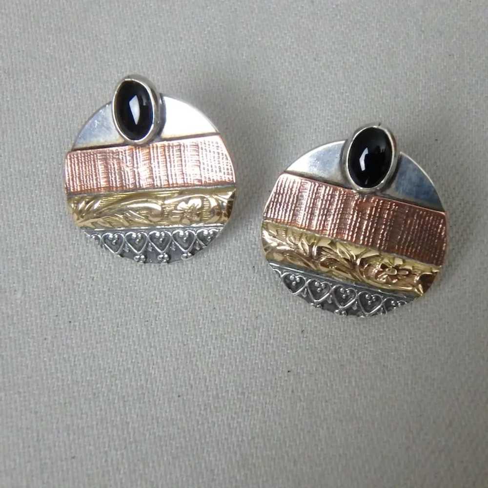 Artisan Sterling Silver Pierced Earrings with Gol… - image 4