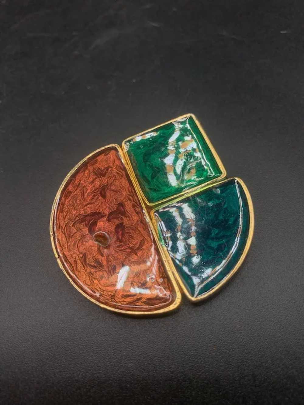 Geometric Poured Resin Brooch Brown Green Gold Ab… - image 2