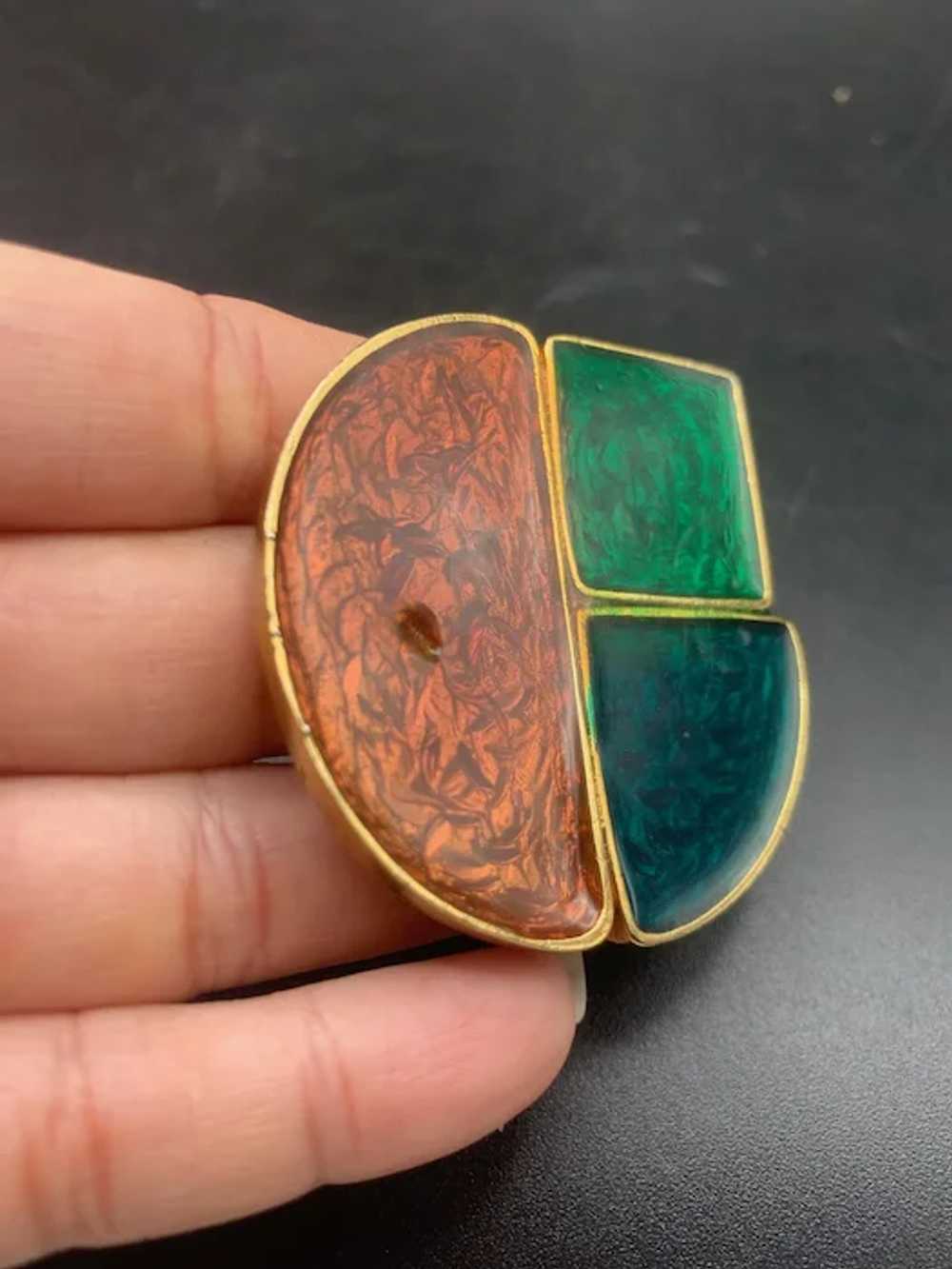 Geometric Poured Resin Brooch Brown Green Gold Ab… - image 3