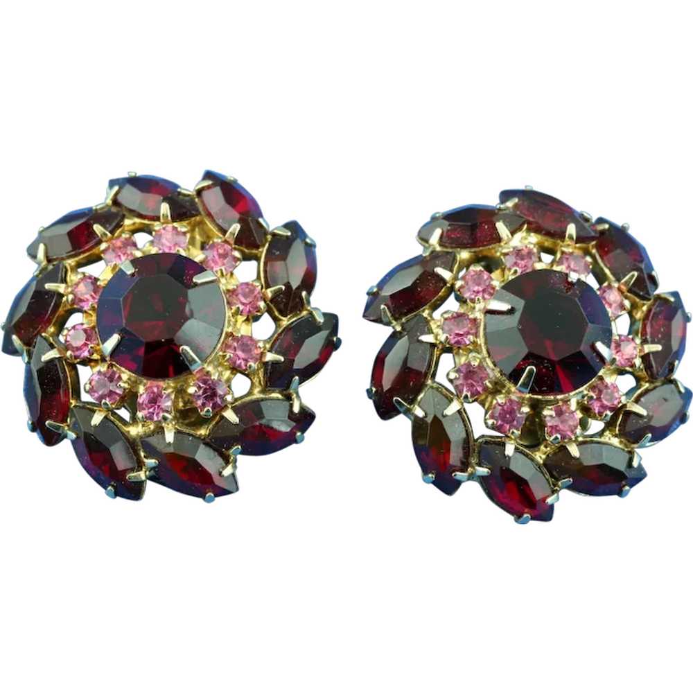 1950's Pink and Red Rhinestone Earrings - image 1