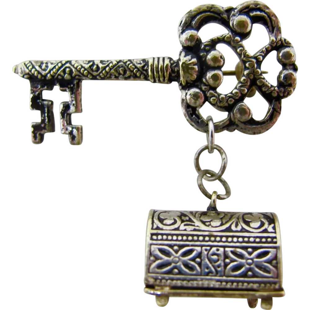 SALE! Spanish Damascene Key & Treasure Box Brooch - image 1