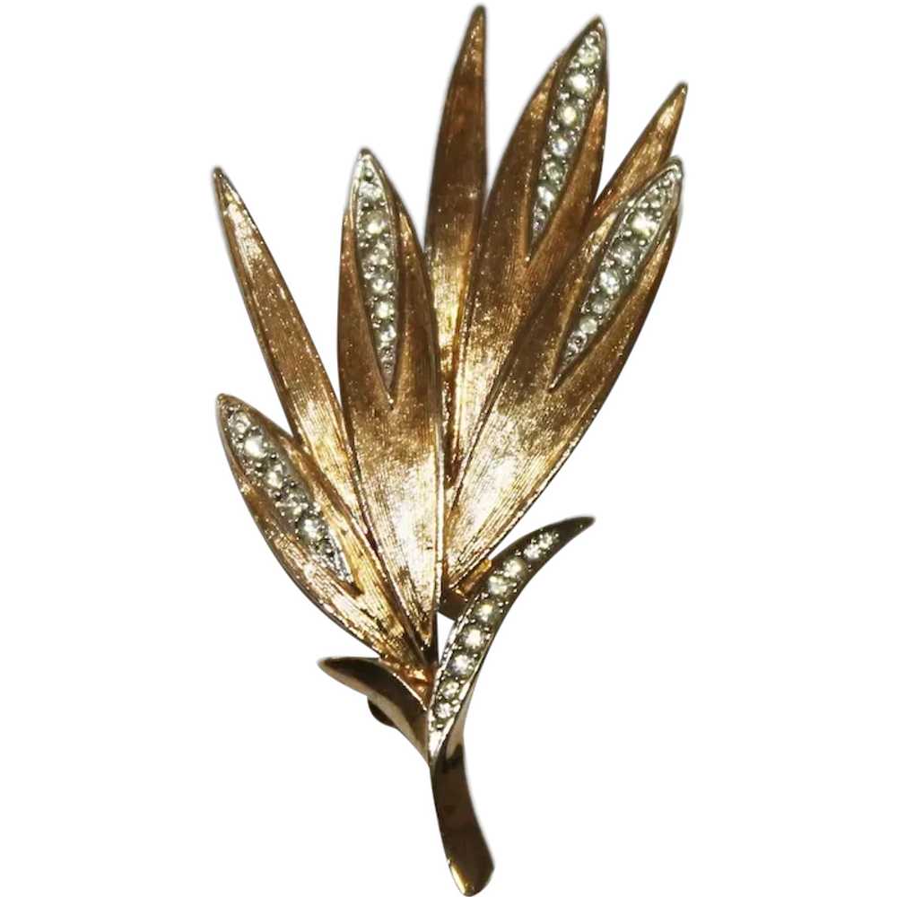Marvella Gold Leaves and Rhinestones Figural Broo… - image 1