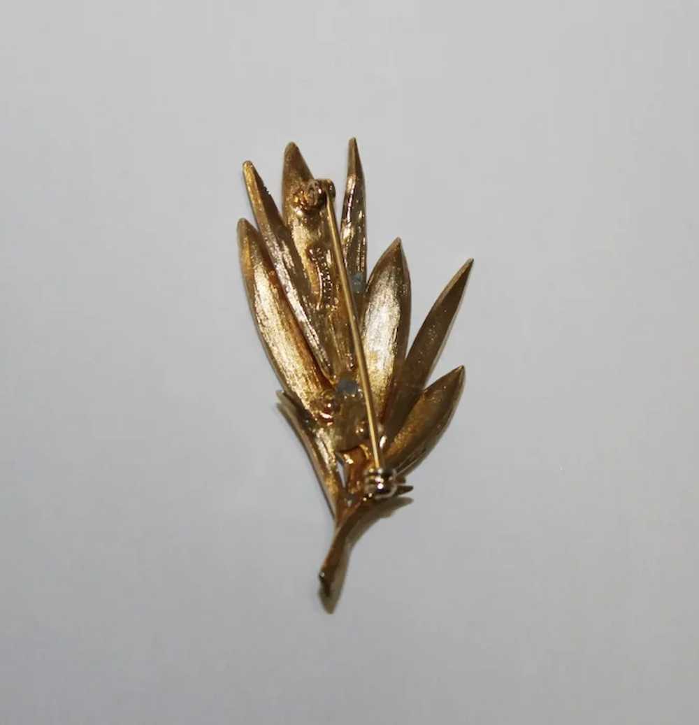 Marvella Gold Leaves and Rhinestones Figural Broo… - image 2