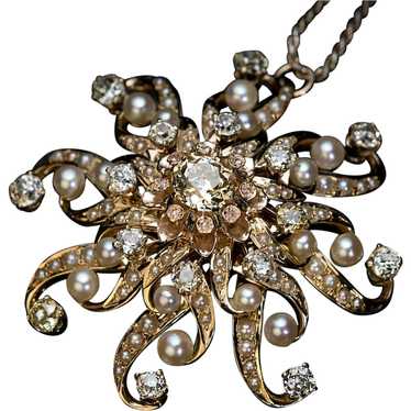 Large Antique 19th Century Diamond Pearl Sunburst 