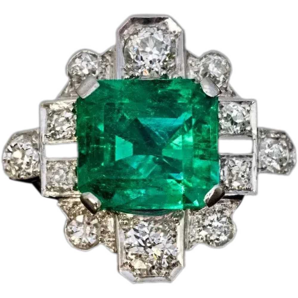 Art Deco Vintage 3.76 Ct Colombian Emerald Diamon… - image 1