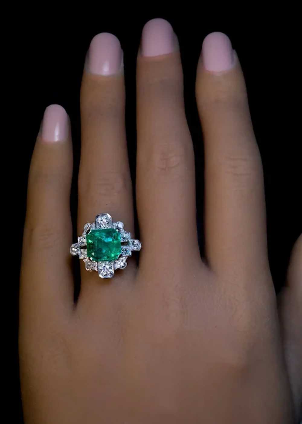 Art Deco Vintage 3.76 Ct Colombian Emerald Diamon… - image 2