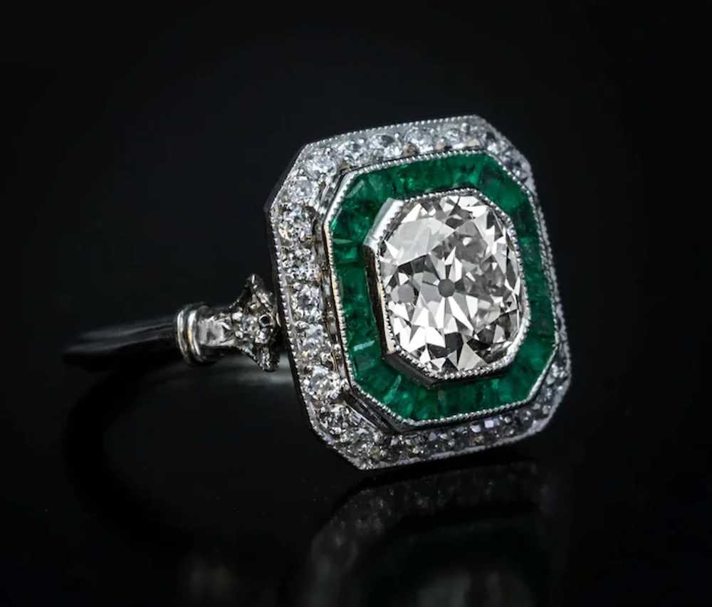 Art Deco Antique Diamond Emerald Engagement Ring - image 2