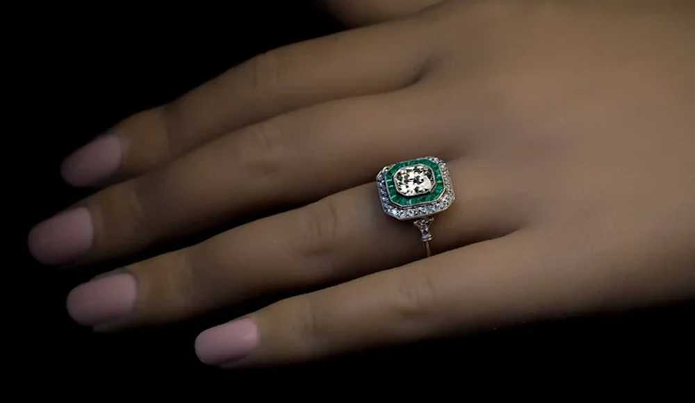 Art Deco Antique Diamond Emerald Engagement Ring - image 4