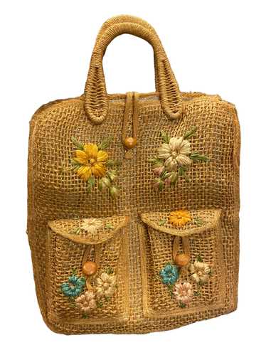 Vintage 1960s Rattan Floral Handbag Tote with Raff