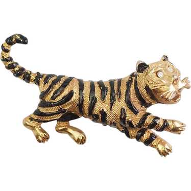 Vintage gold tone metal roaring tiger crystals pin