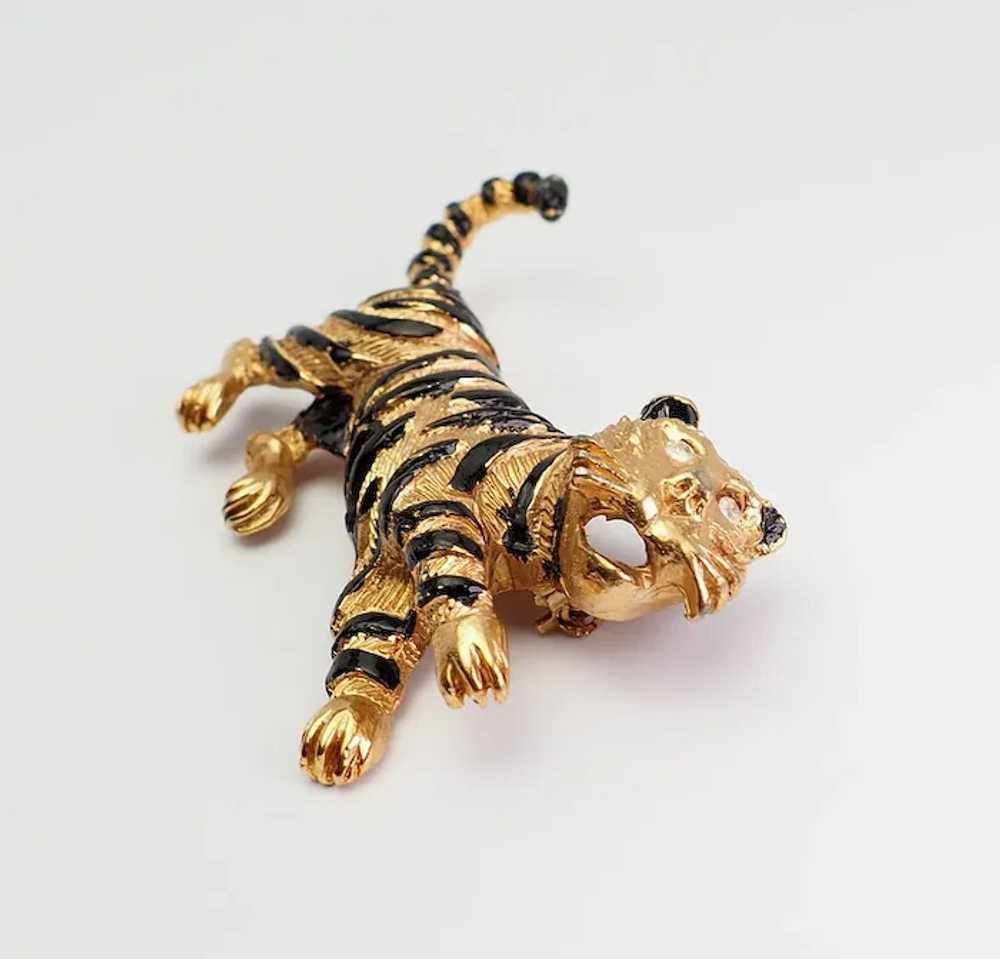 Vintage gold tone metal roaring tiger crystals pi… - image 2