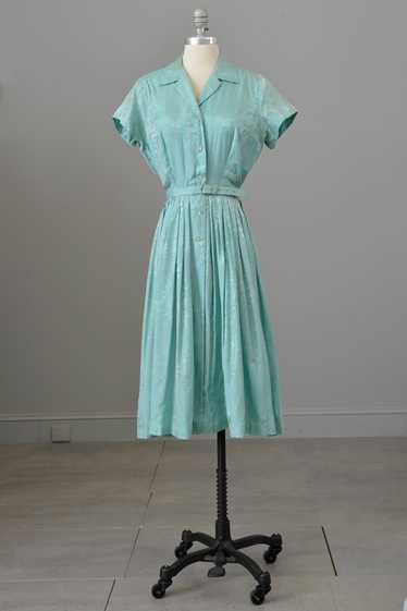 1950s Aqua Blue Jacquard Fit and Flare Shirtwaist… - image 1