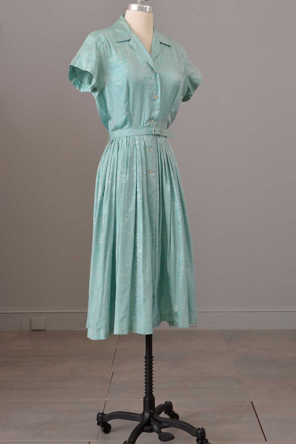 1950s Aqua Blue Jacquard Fit and Flare Shirtwaist… - image 2