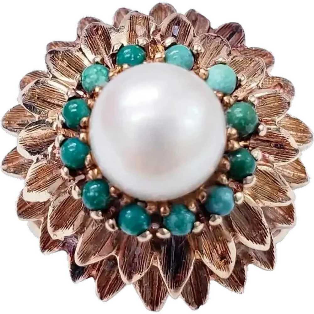 Vintage Pearl and Turquoise Sunflower Design Cock… - image 1