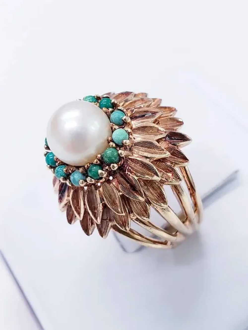 Vintage Pearl and Turquoise Sunflower Design Cock… - image 2