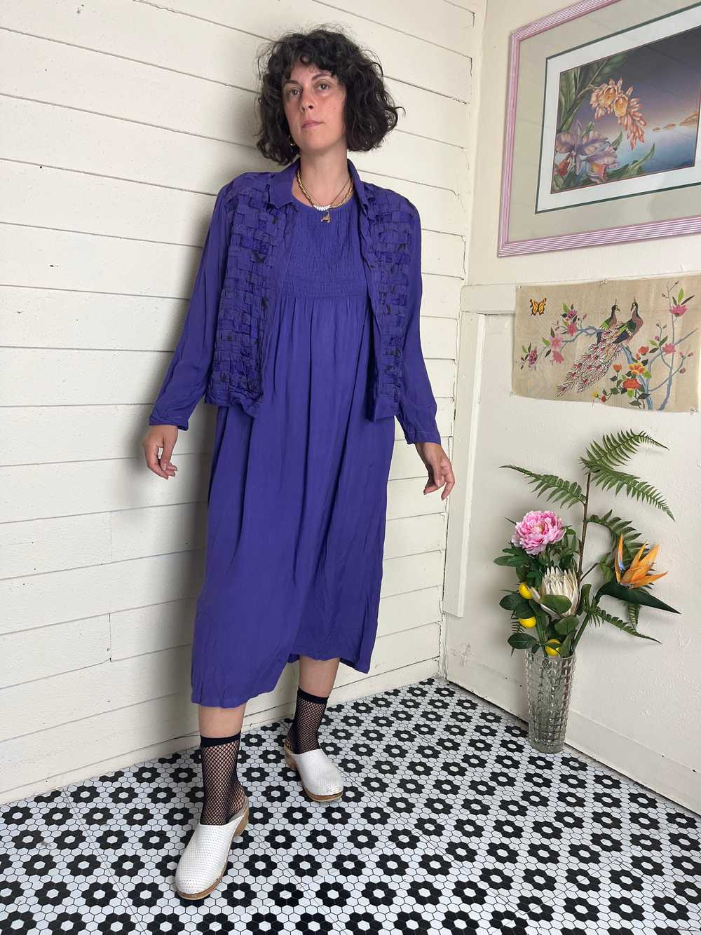 80s PURPLE DRESS AND QUILTED JACKET SET - image 1