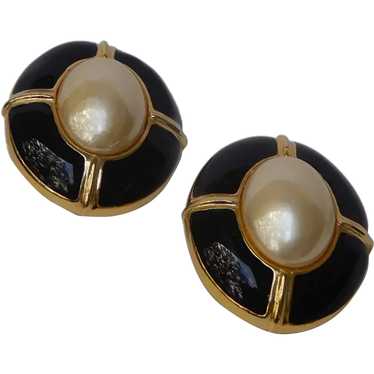 Signed Carolee Gold Tone Faux Pearl Black Enamel … - image 1