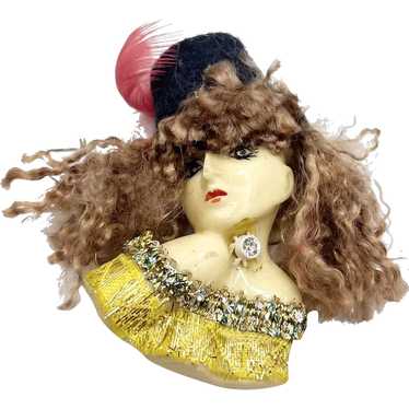Vintage Woman Lady Feather Hat Brooch Pin - image 1