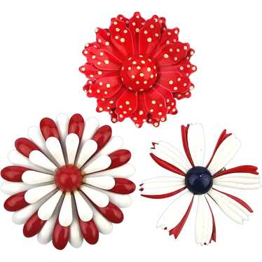1960s Trio of Red n White Enamel Flower Pins - image 1