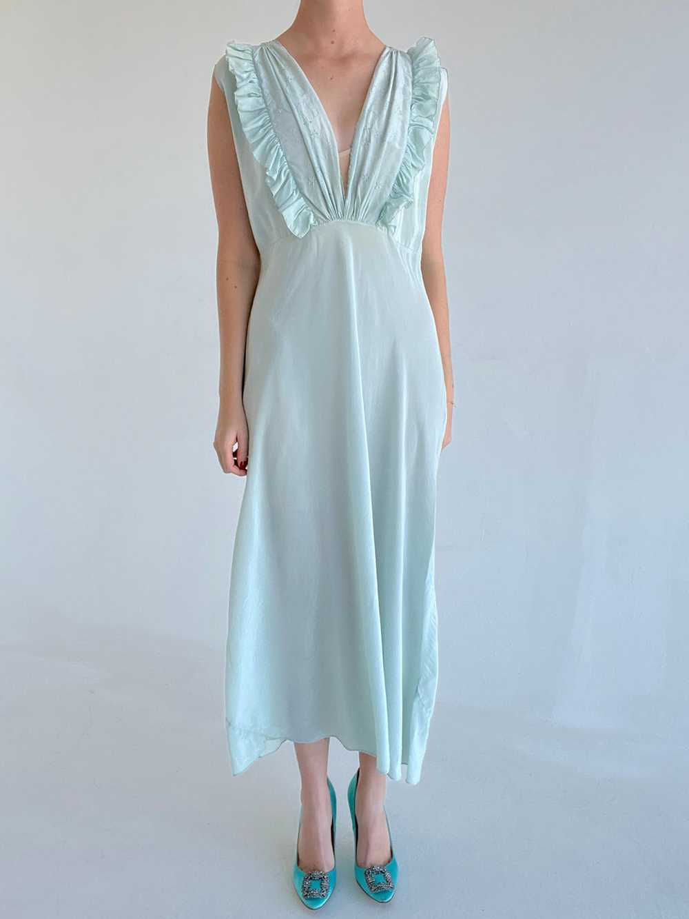 1930's Pale Turquoise Silk Dress with Ruffle and … - image 2