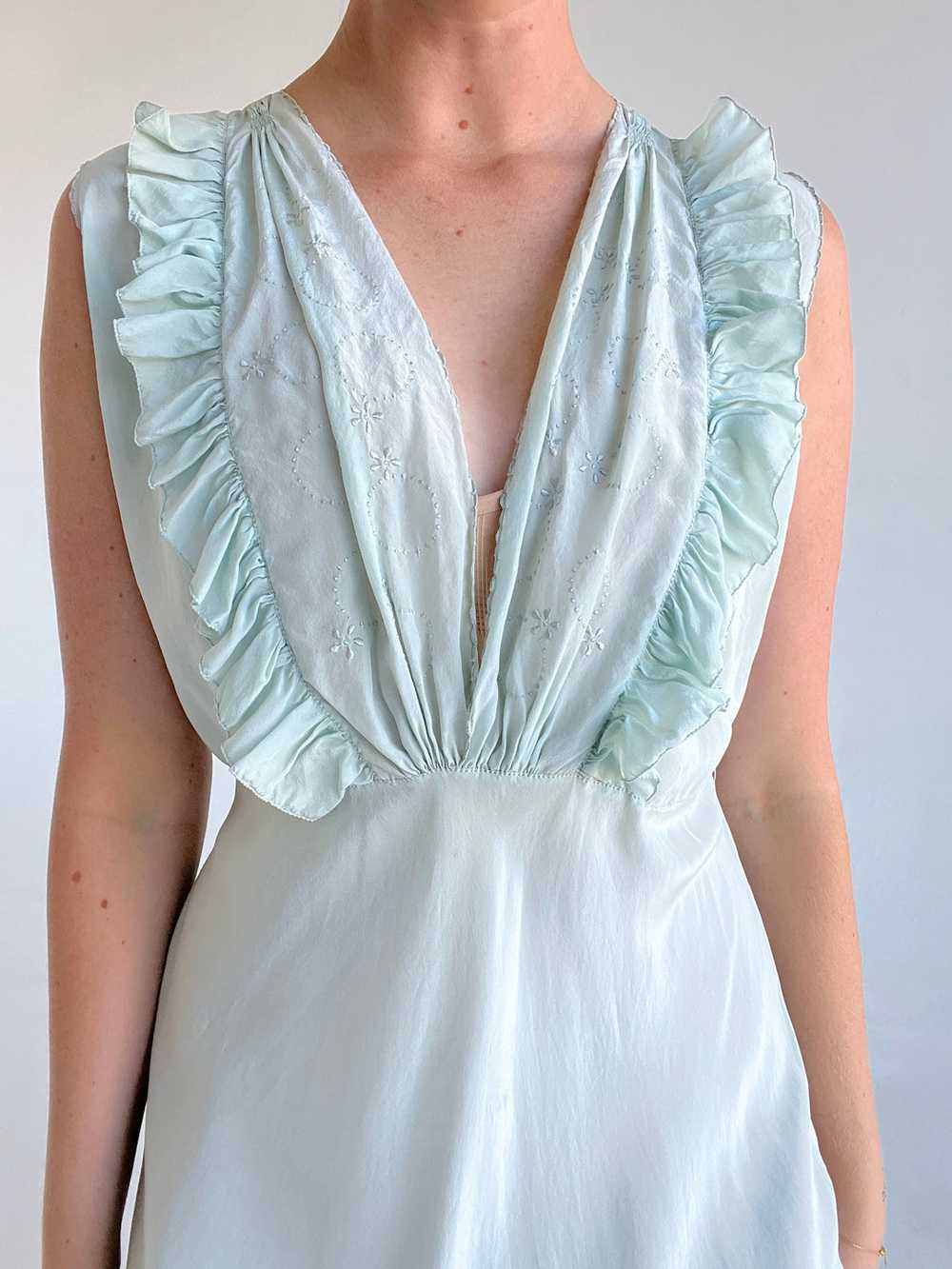 1930's Pale Turquoise Silk Dress with Ruffle and … - image 4