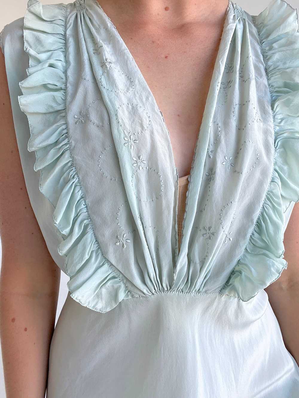 1930's Pale Turquoise Silk Dress with Ruffle and … - image 5