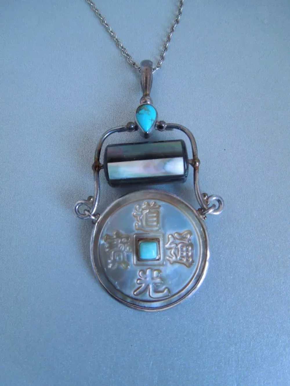 Vintage SAJEN SIGNED Turquoise Abalone Asian Scri… - image 3
