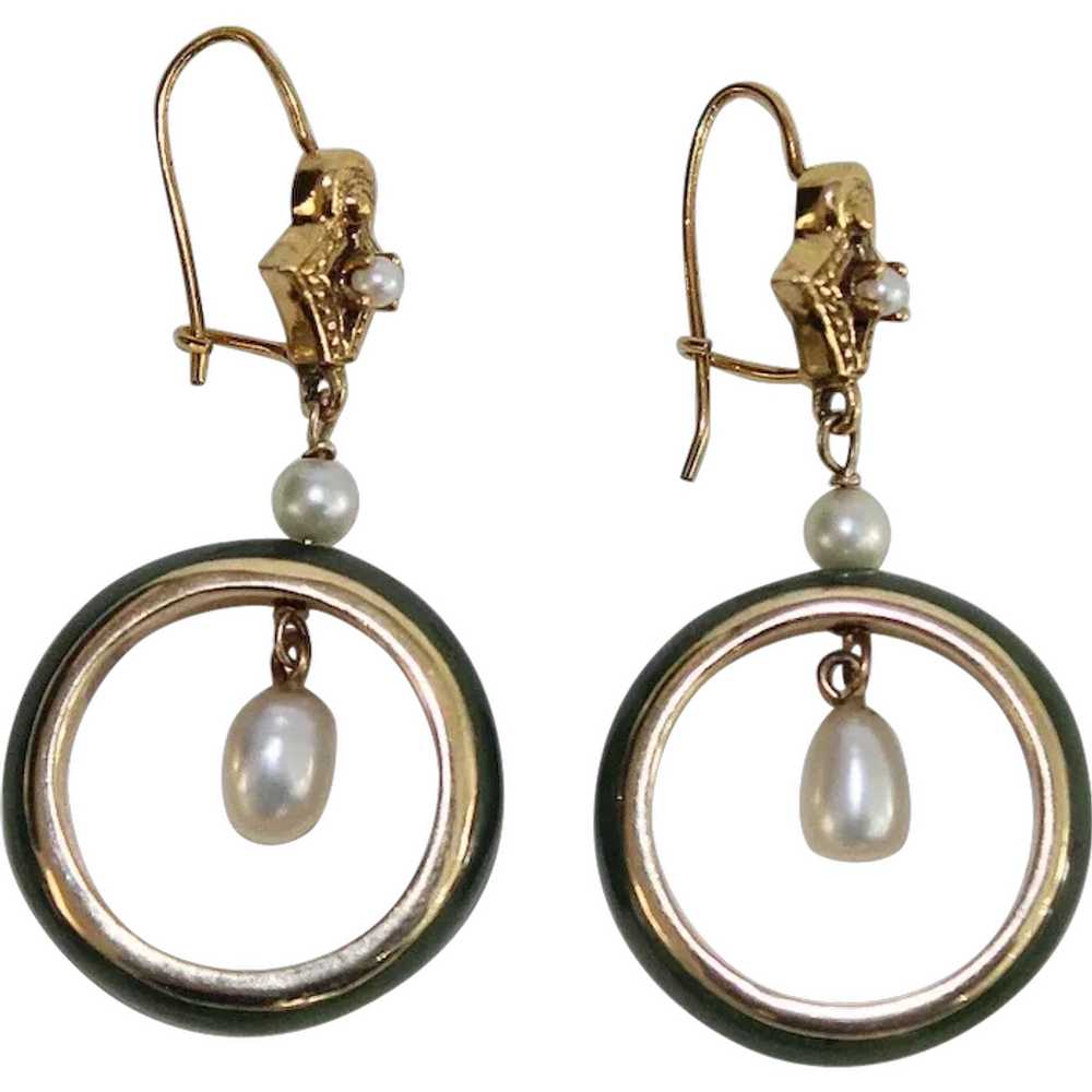 JADE & GOLD Earrings - 14K / Pearls / Nephrite Ja… - image 1