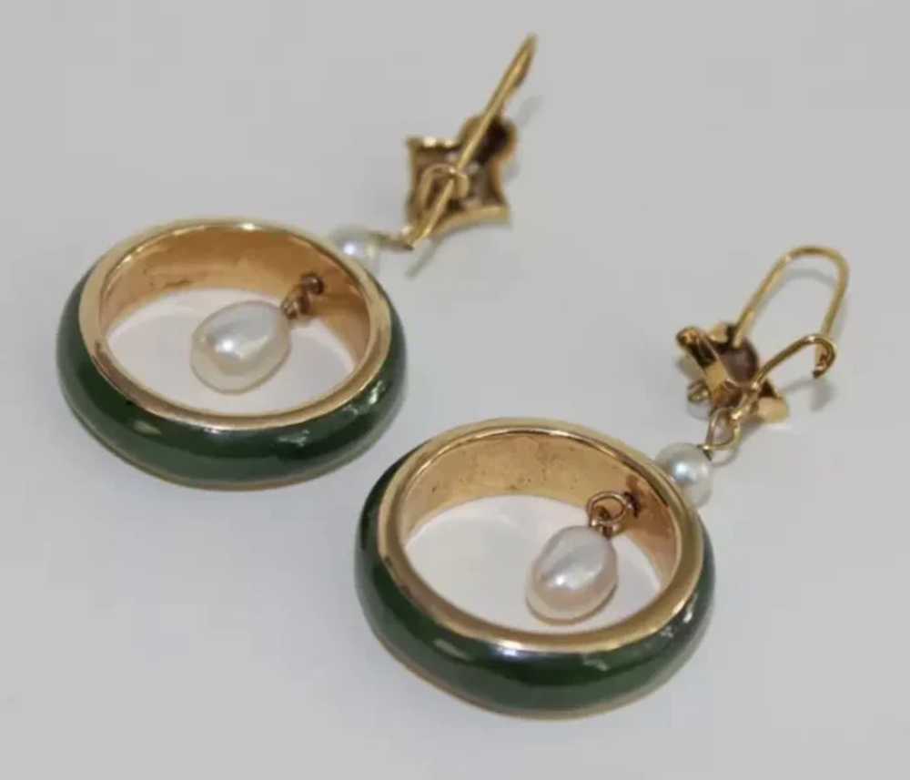 JADE & GOLD Earrings - 14K / Pearls / Nephrite Ja… - image 3
